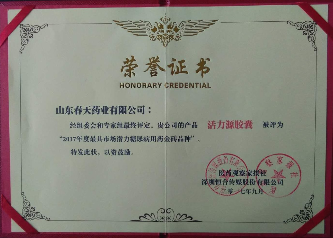 活力(li)源膠囊2017年(nian)度最具(ju)市(shi)場(chang)潛力(li)糖尿病用(yong)藥金磚品(pin)種榮譽證書 